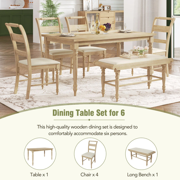 OPMAX 6-peice Dining Set with Turned Legs, Kitchen Table Set with Upholstered Dining Chairs and Bench,Retro Style, Natural