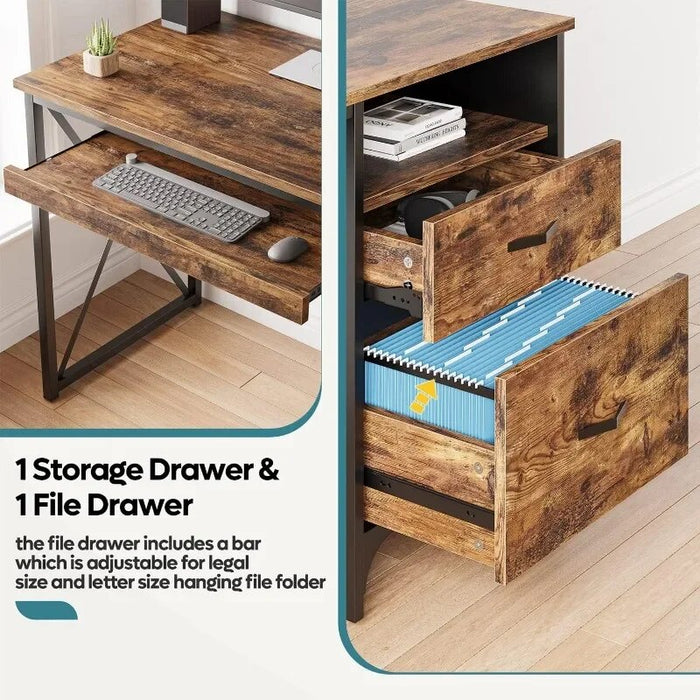55 inch Industrial Computer Desk with Storage, Wood Teacher Desk with Keyboard Tray & File Drawer for Home Office