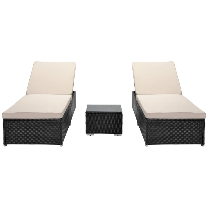 Outdoor Garden 3 Piece Wicker Patio Chaise Lounge Set Adjustable PE Rattan Reclining Chairs with Cushions and Side Table.
