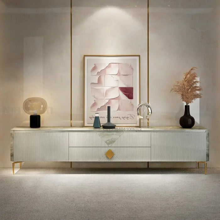 Italian Style Minimalist Floor Cabinet For Living Room Furniture Light Luxury Glossy Gray Rock Slab Top Design 1.8m Tv Stands
