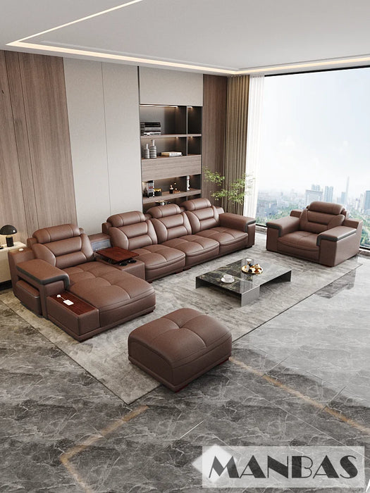MINGDIBAO Italian Genuine Leather Sectional Sofa with USB Charge, Bluetooth Speaker and Projector - Perfect for Your Living Room