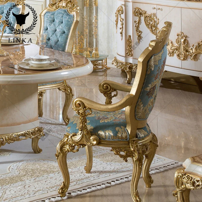 Custom court furniture European luxury aristocratic gold foil parquet long table villa dining table and chair combination