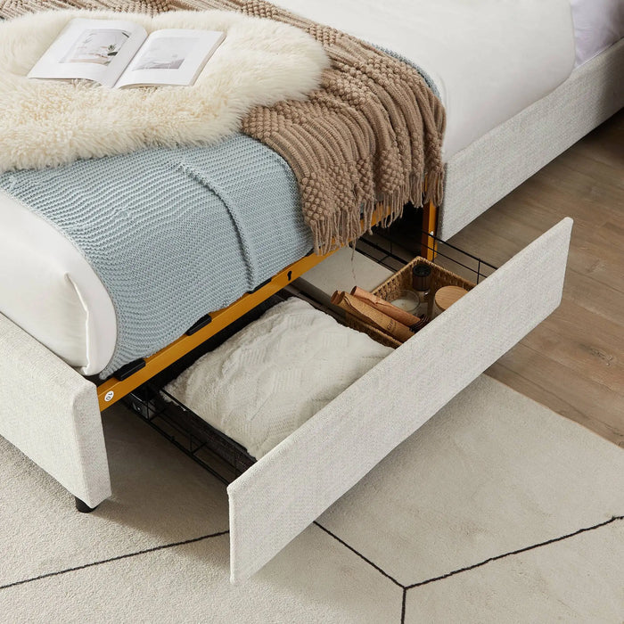 Classic Steamed Bread Shaped Backrest, Metal Frame, Solid Wood Ribs, with Four Storage Drawers, Sponge Soft Bag,Light Gray