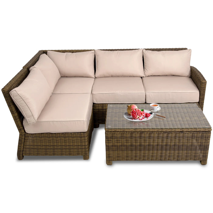Outdoor Patio Furniture Set 4-Piece Rattan Sectional Sofa Sets Waterproof Patio Bistro with Soft Beige Cushions Tempered Table