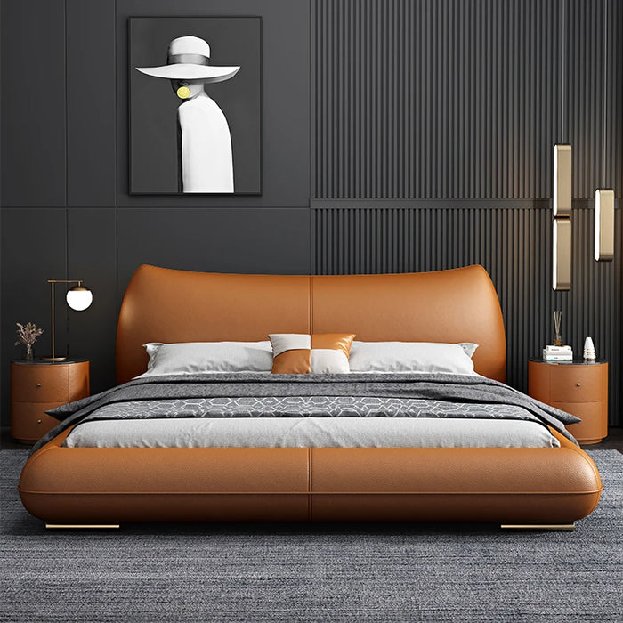 Italian extremely simple leather bed wedding bed master bedroom big bed modern simple light luxury leather double bed