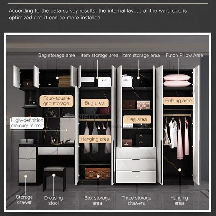 Italian Modern Minimalist Practical Bedroom Wardrobe Large Wooden Wardrobe With Dressing Table Combination Luxury Home Furniture