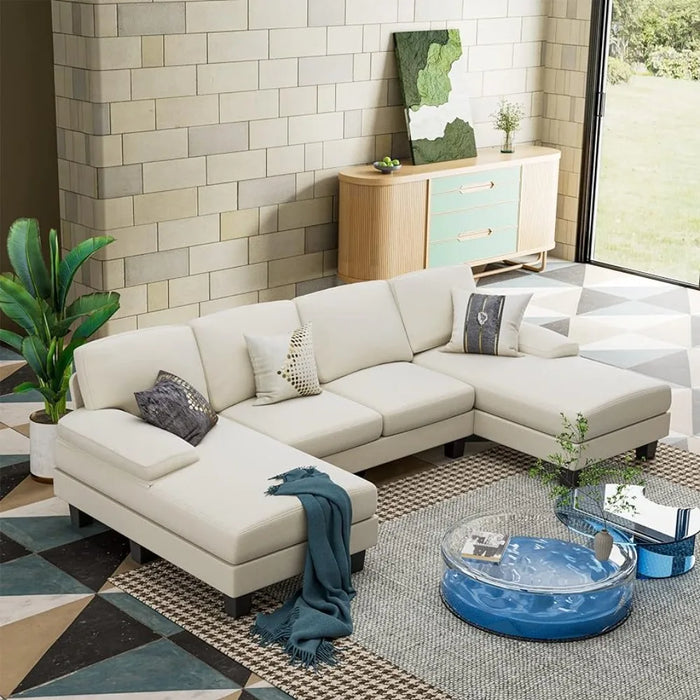 Convertible Modular Sofa, Combination 4-seater Sofa Bed, Double Chaise Longue, Modern Fabric U-shaped Living Room Furniture Set