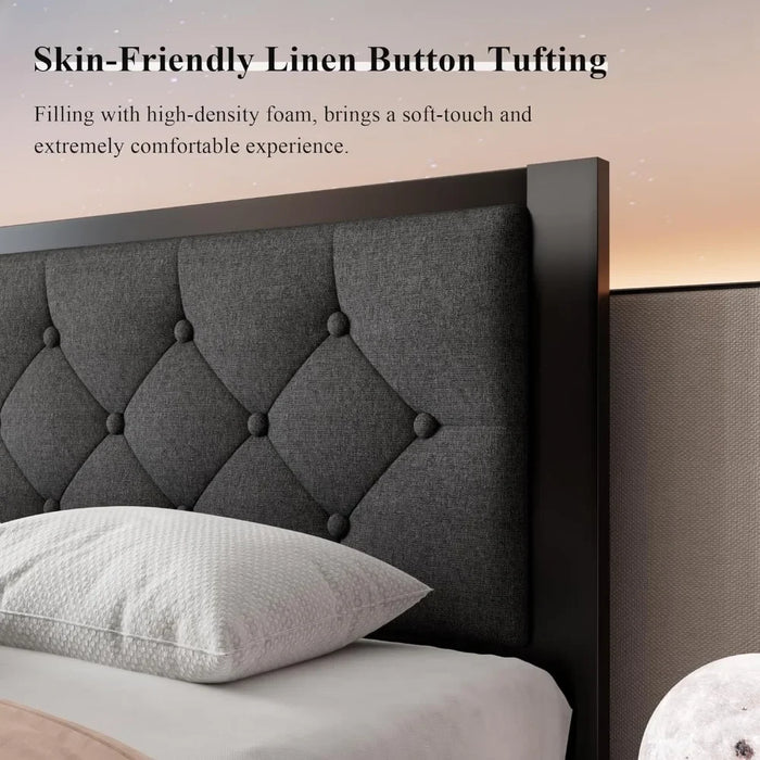 Sofa Bed Base and Frame Twin Size Metal Bed Frame With Linen Upholstered Headboard Mattresses Steel Slats Support Gray Daybed