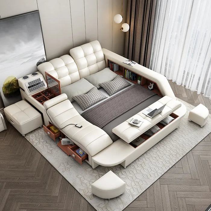 Linlamlim Genuine Leather Multifunctional Bed Ultimate Massage Camas Tech Smart Tatami Beds a Bluetooth,Speaker,Air Cleaner,Safe