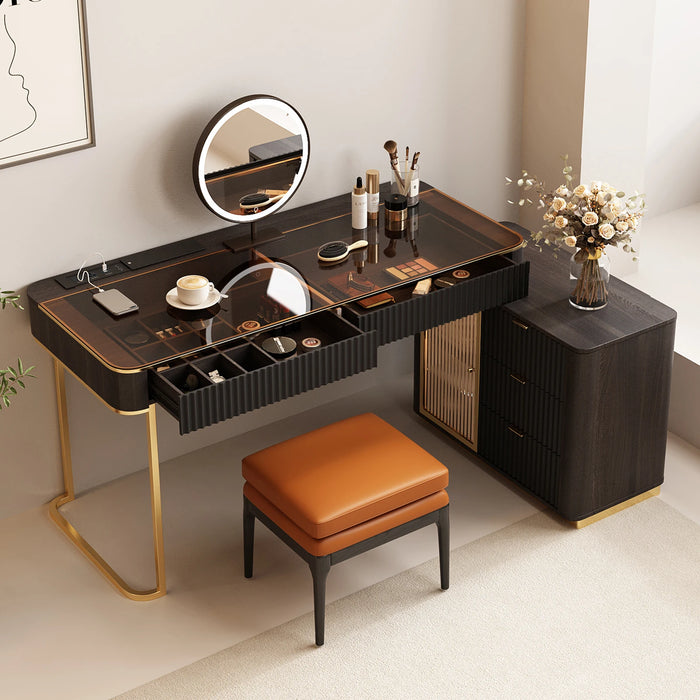 Italian Minimalist Computer Desk and Dressing Table Combo with Mirror, Luxurious and Expandable with Cabinets, Corner Bookshelf