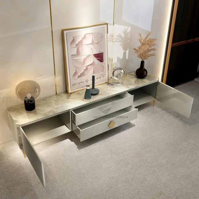 Italian Style Minimalist Floor Cabinet For Living Room Furniture Light Luxury Glossy Gray Rock Slab Top Design 1.8m Tv Stands