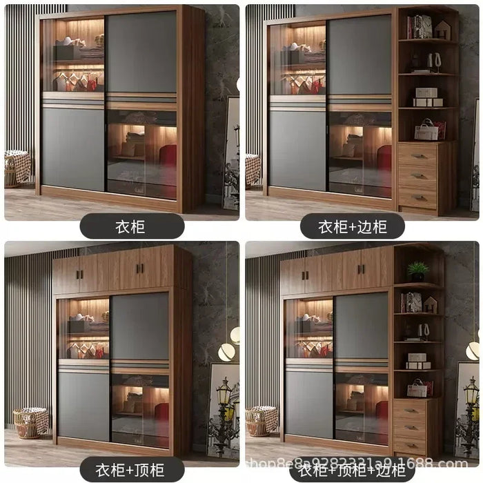 Simple Bedroom Organizer Wardrobe Clothes Nordic Wooden Wardrobe Glass Sliding Door Space Saver Design Armario Home Furniture