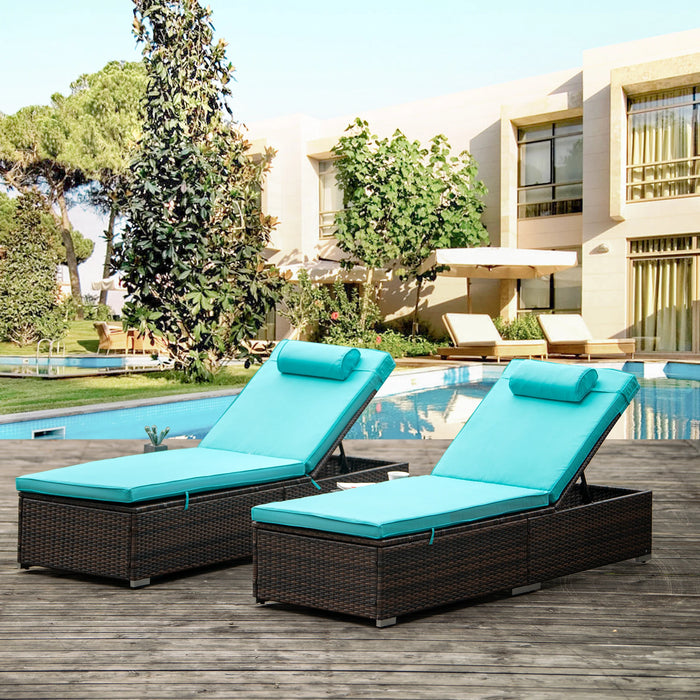 Outdoor PE Wicker Chaise Lounge - 2 Piece Patio Brown Rattan Reclining Chair Beach Pool Adjustable Backrest Recliners