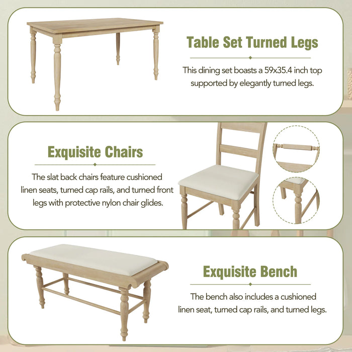 OPMAX 6-peice Dining Set with Turned Legs, Kitchen Table Set with Upholstered Dining Chairs and Bench,Retro Style, Natural