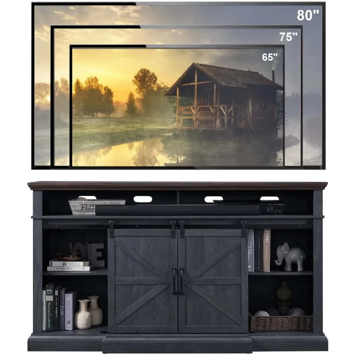 SinCiDo Farmhouse TV Stand for 80 Inch TVs, 39" Tall Entertainment Center w/Double Sliding Barn Door, Large Media Console