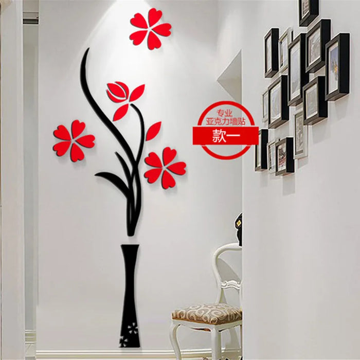 Creative 3d Acrylic Crystal Stickers Vase Plum Three-dimensional Wall Stickers Living Room TV Background Wall Decoration Home