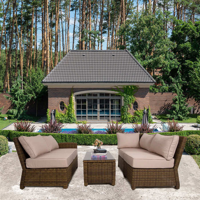 Outdoor Patio Furniture Set 4-Piece Rattan Sectional Sofa Sets Waterproof Patio Bistro with Soft Beige Cushions Tempered Table