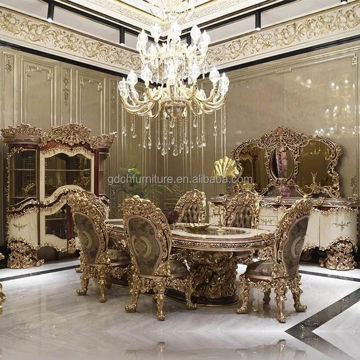 New French Hand Carved Antique Wood European Royal Baroque Round Dining Table and Chair Solid Wood Table Sets