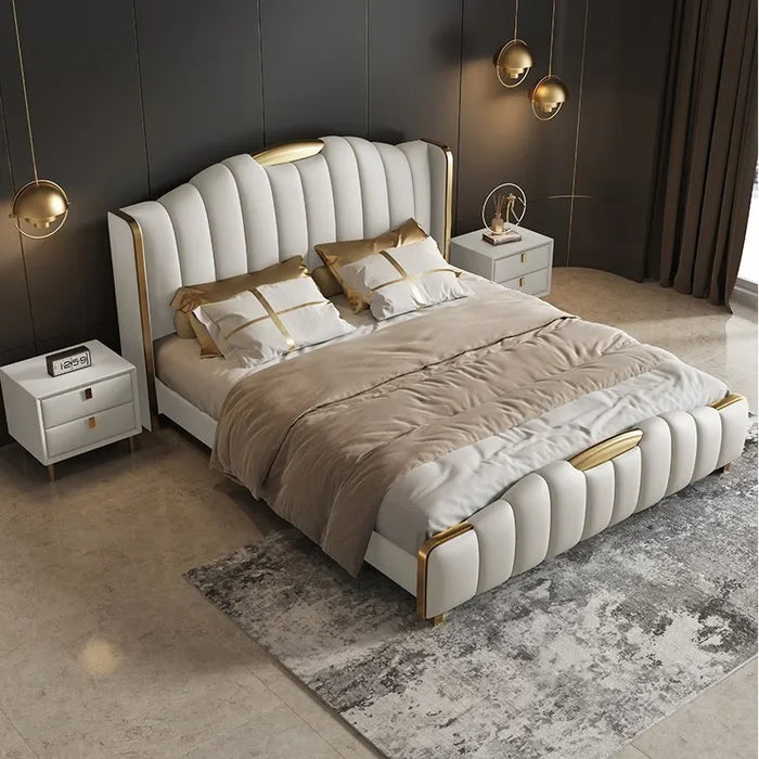 Italian minimalist leather bed, modern minimalist master bedroom king bed, bedroom size double bed, light luxury high-end bed