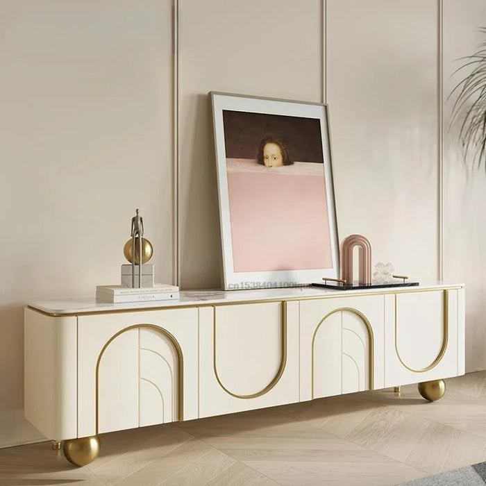 Cream Style TV Cabinets Large Storage Gold Ball Stainless Steel Feet Pressed Doors Concise TV Stand Living Room Furniture
