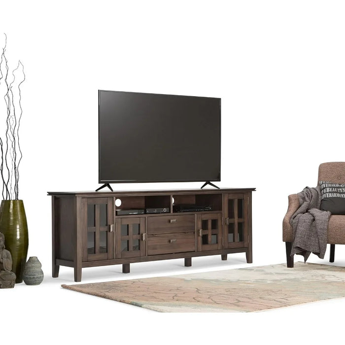 SIMPLIHOME Artisan SOLID WOOD 72 Inch Wide Transitional TV Media Stand in Natural Aged Brown for TVs up to 80 Inch