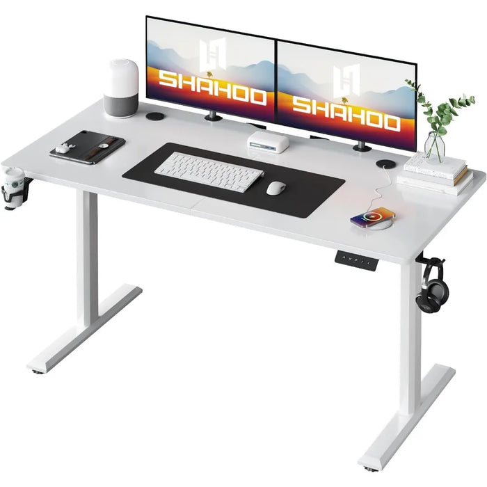 Height Adjustable Electric Standing Desk 55 Inch Home Office Table with Headphone Hook and Cup Holder, 55", Black