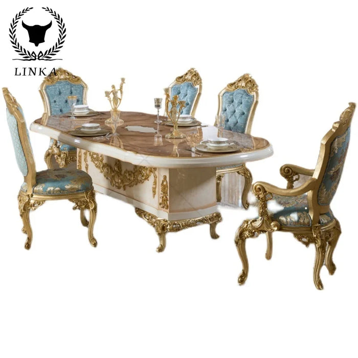 Custom court furniture European luxury aristocratic gold foil parquet long table villa dining table and chair combination
