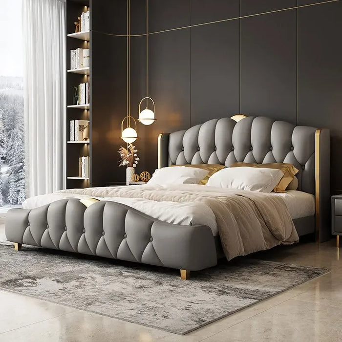 Italian minimalist Napa leather bed, light luxury, modern minimalist double bed, master bedroom, 1.8 king bed, 1.5 meter leather