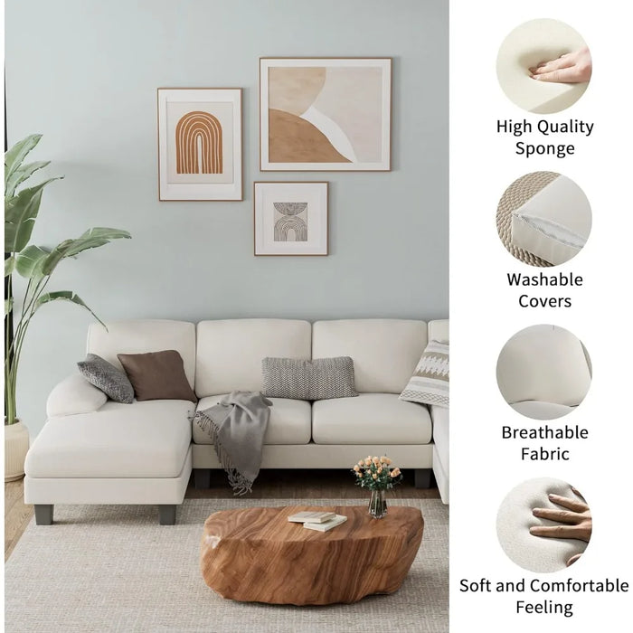 Convertible Modular Sofa, Combination 4-seater Sofa Bed, Double Chaise Longue, Modern Fabric U-shaped Living Room Furniture Set
