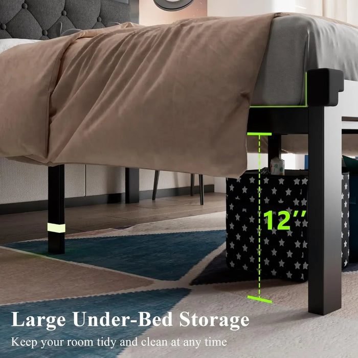 Sofa Bed Base and Frame Twin Size Metal Bed Frame With Linen Upholstered Headboard Mattresses Steel Slats Support Gray Daybed