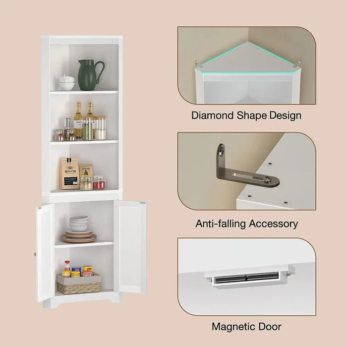 Corner Shelf with LED Light, White Cabinet, 5-Tier Storage Cabinet with Doors, Tall Bookshelf Corner Stand