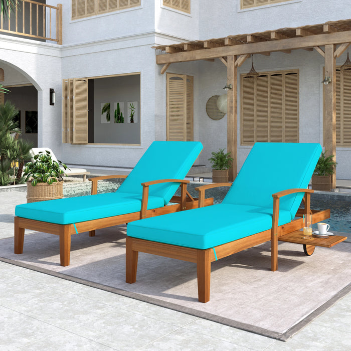 Outdoor Solid Wood 78.8" Chaise Lounge Patio Reclining Daybed with Cushion, Wheels and Sliding Cup Table for Backyard, Garden