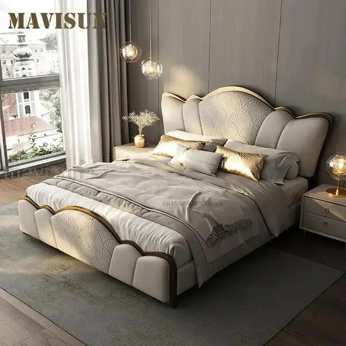 Simplicity Bedroom Set Furniture Italian Leather Wooden Frames Stable Skeleton Large Storage Soft Mattress Modern King Size Bed