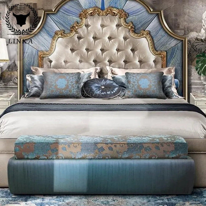 Custom French luxury solid wood double bed wedding bed European palace villa log carved princess bed