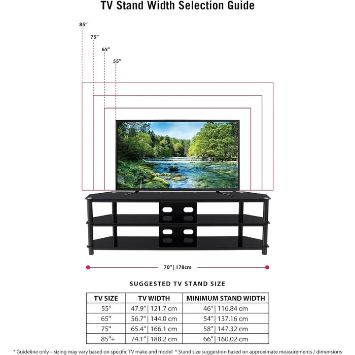 CorLiving Travers 3 Tier Tempered Safety Glass Steel Frame TV Bench Stand for TVs Up To 85 Inches with Cable Management System