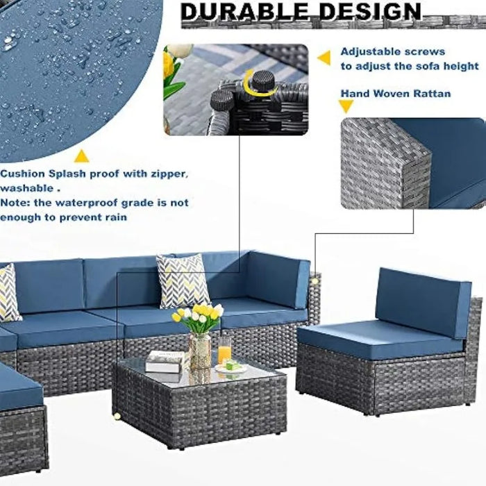 Silver Wicker Furniture Conversation Sets with Washable Cushions & Glass Coffee Table for Garden, Poolside, Backyard