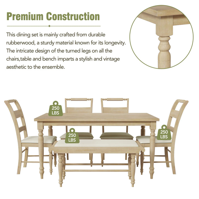 OPMAX 6-peice Dining Set with Turned Legs, Kitchen Table Set with Upholstered Dining Chairs and Bench,Retro Style, Natural