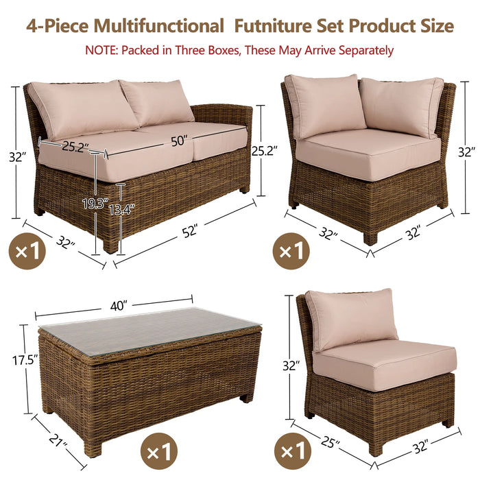 Outdoor Patio Furniture Set 4-Piece Rattan Sectional Sofa Sets Waterproof Patio Bistro with Soft Beige Cushions Tempered Table