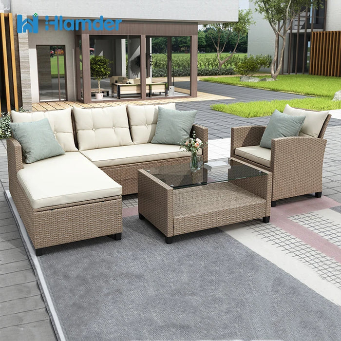 Patio Furniture Outdoor Sets,4 Piece Conversation Set Wicker Ratten Sectional Sofa with Seat Cushion,Tempered Glass Coffee Table