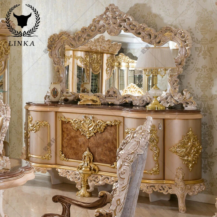 Italy custom all solid wood carved dining tables and chairs combination European carved gold foil long dining table