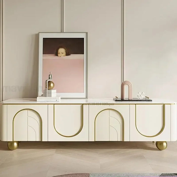 Cream Style TV Cabinets Large Storage Gold Ball Stainless Steel Feet Pressed Doors Concise TV Stand Living Room Furniture