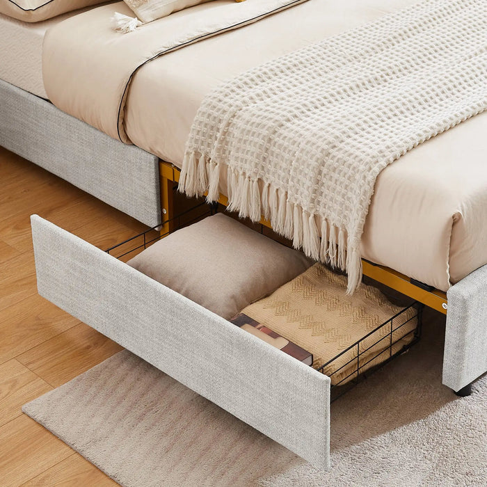 Classic Steamed Bread Shaped Backrest, Metal Frame, Solid Wood Ribs, with Four Storage Drawers, Sponge Soft Bag,Light Gray