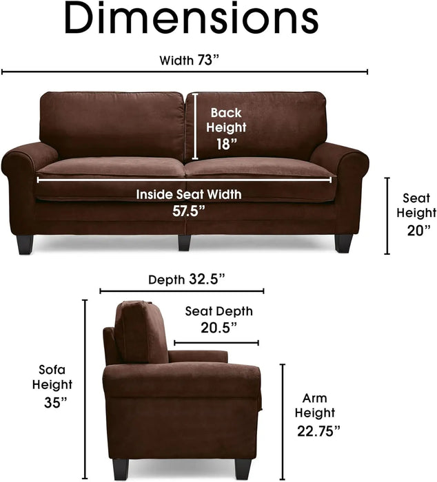 Copenhagen 73" Sofa - Pillowed Back Cushions and Rounded Arms, Durable Modern Upholstered Fabric - Brown
