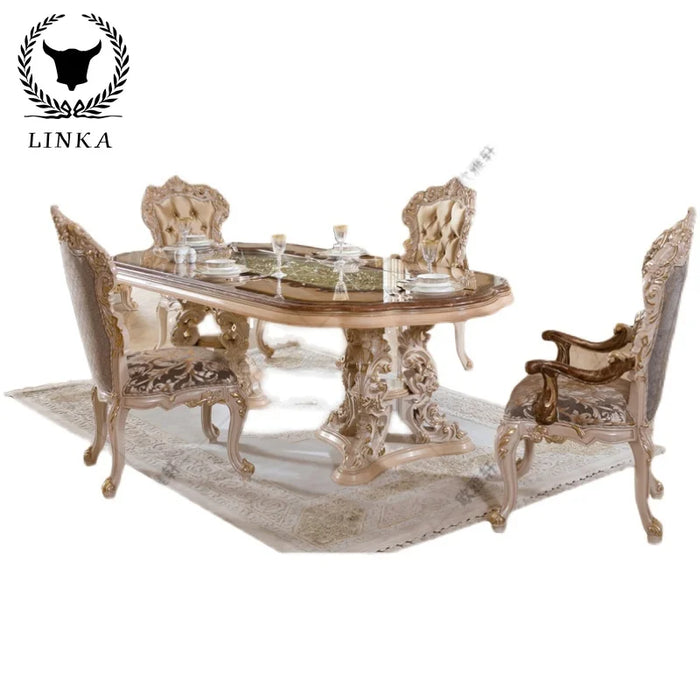 Italy custom all solid wood carved dining tables and chairs combination European carved gold foil long dining table