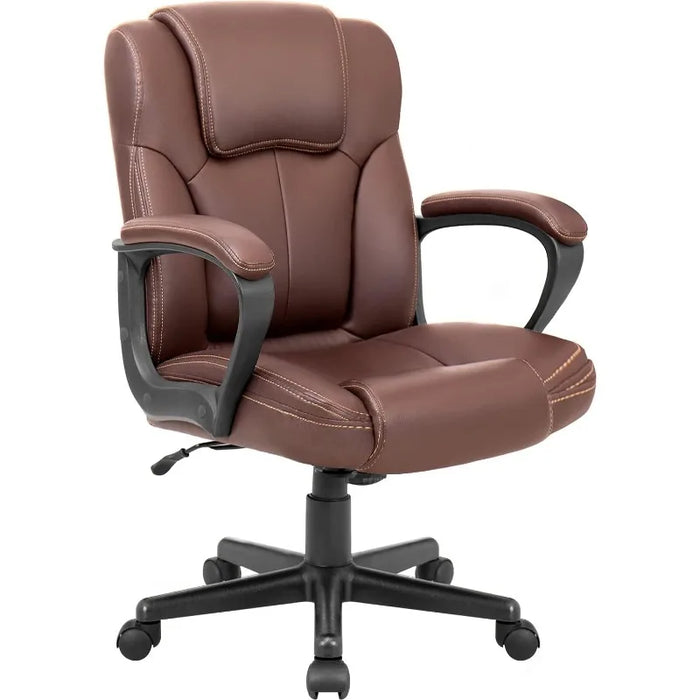 Shahoo Executive Office Chair Swivel Task Seat with Ergonomic Mid-Back, Waist Support, PU Leather, Brown Office Furniture