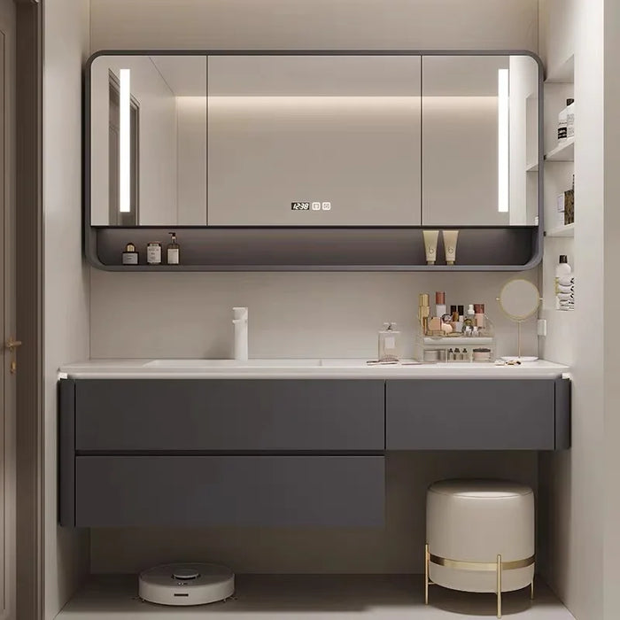 Cream Oak Bathroom Cabinet, Dresser, Combination Toilet, Rock Slab, Seamless Basin, Vanity, Sink, Bathroom Cabinet