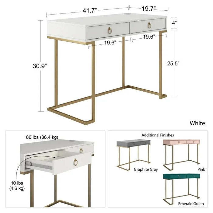 CosmoLiving By Cosmopolitan Camila Writing Desk, White Computer Desk  Office Furniture