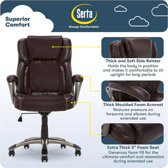 Executive Office Adjustable Ergonomic Computer Chair with Layered Body Pillows, Waterfall Seat Edge, Bonded Leather
