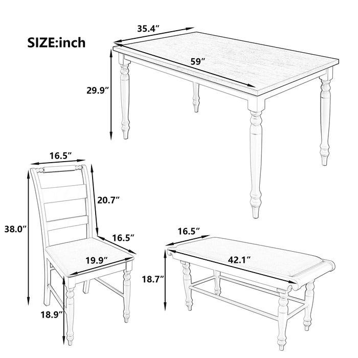 OPMAX 6-peice Dining Set with Turned Legs, Kitchen Table Set with Upholstered Dining Chairs and Bench,Retro Style, Natural
