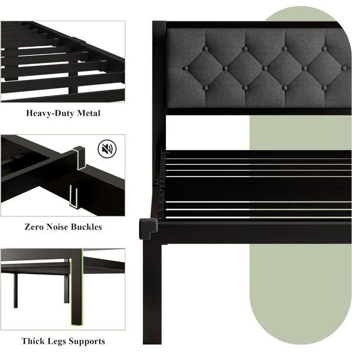 Sofa Bed Base and Frame Twin Size Metal Bed Frame With Linen Upholstered Headboard Mattresses Steel Slats Support Gray Daybed